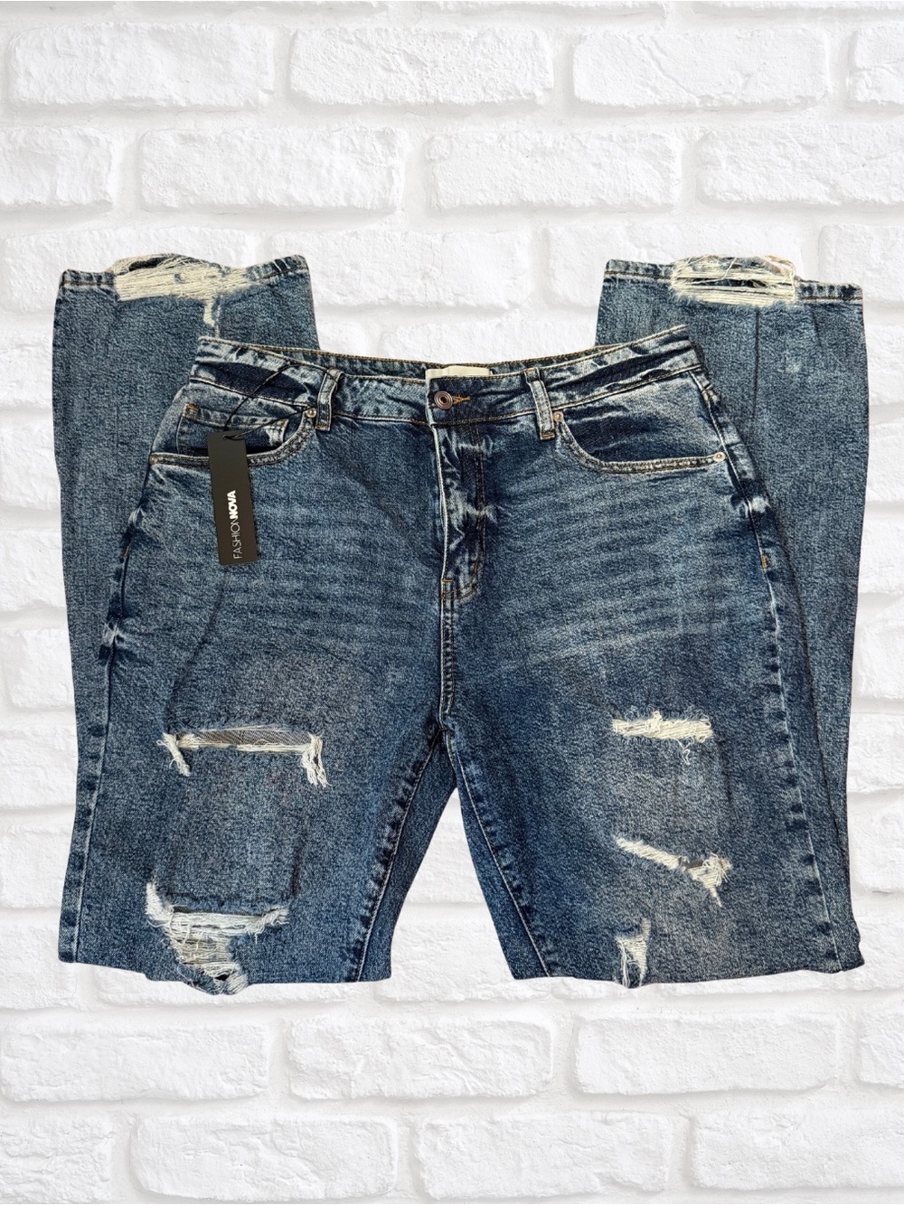 Fashion Nova Blue Acid Wash Jeans - Ripped Straight Leg